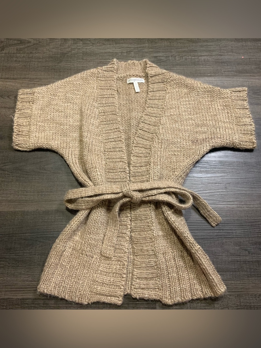 Aeropostale Belted Chunky Knit Cardigan in Camel Tan